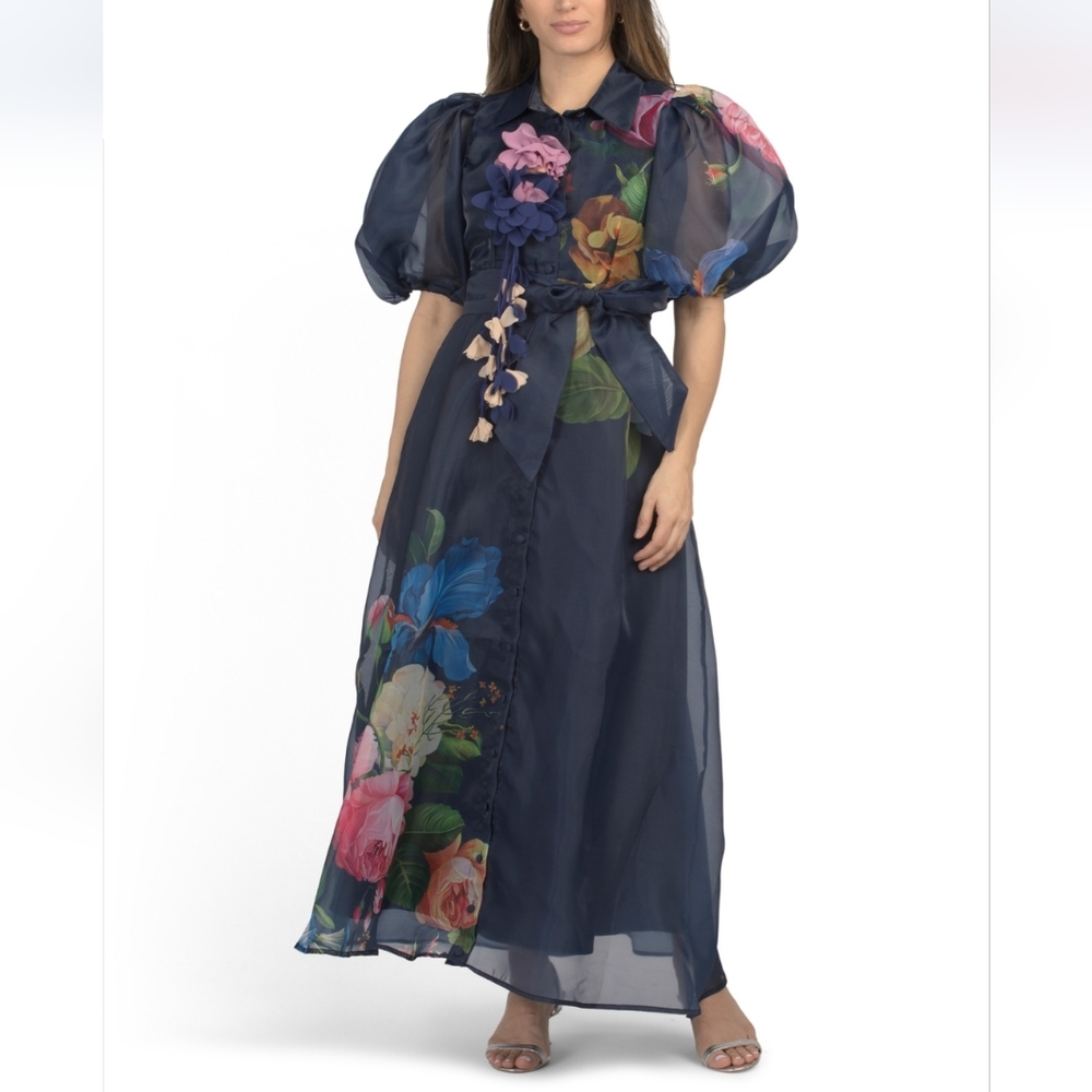 Dalia Macphee Women's Navy Puff Sleeve Floral Maxi Dress